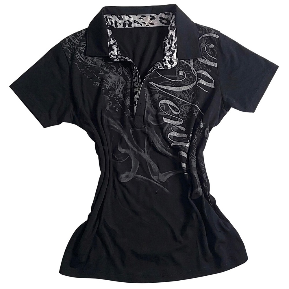Unbranded Polo Shirt Womens Small Black Excellent Y2K Graphic Leopard Print Top